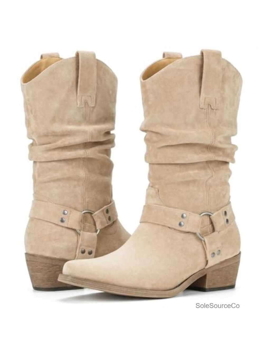 Faux Suede Mid-Calf Slouchy Cowboy Boots Pointed Toe Block Heel Pull-On